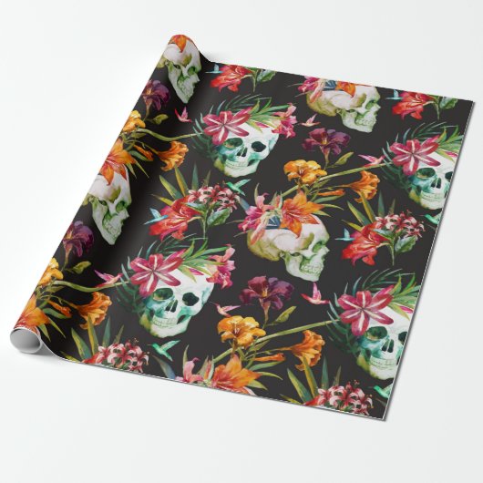 Beängstigende Schädel mit Blume Halloween Geschenkpapier (Ungerollt)
