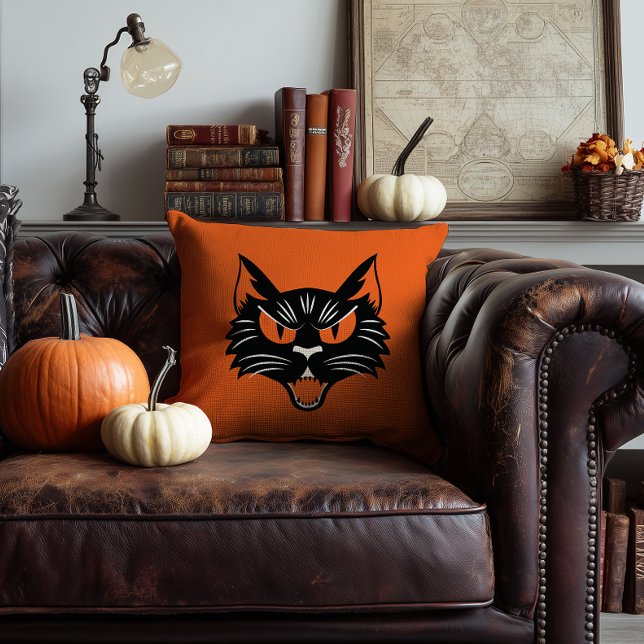 Beängstigende Schwarze Katze Halloween Orange und  Kissen (orange vintage halloween style black cat face pillow)