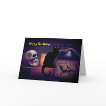 Beängstigende Schwarze Katze und Schädel glücklich