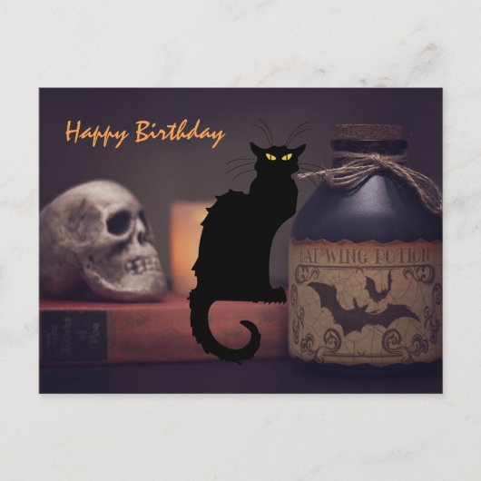 Beängstigende Schwarze Katze und Schädel Halloween Postkarte (Vorderseite)