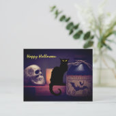 Beängstigende Schwarze Katze und Skull Happy Hallo Postkarte (Stehend Vorderseite)