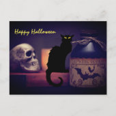 Beängstigende Schwarze Katze und Skull Happy Hallo Postkarte (Vorderseite)