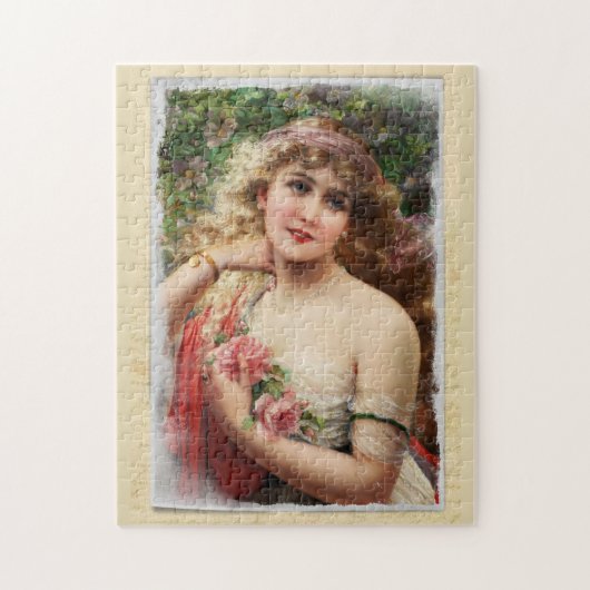 Beängstigende Viktorianische Frau mit rosa Rosen Puzzle (Vertikal)