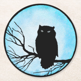 Beängstigende Vintage Eule mit Silberblauer Wasser Runder Pappuntersetzer