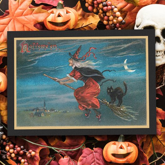 Beängstigende Vintage Halloween-Hexe auf Broomstic Seidenpapier