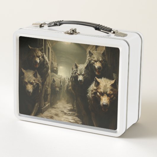 Beängstigende Wölfe Metall Brotdose (Vorderseite)