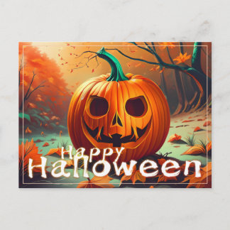 Beängstigender Blick Orange Pumpkin mit Gesichtsau Feiertagspostkarte