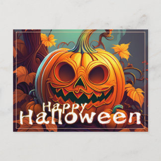 Beängstigender Blick Orange Pumpkin mit Gesichtsau Feiertagspostkarte