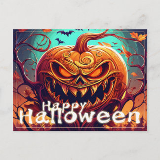 Beängstigender Blick Orange Pumpkin mit Gesichtsau Feiertagspostkarte