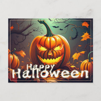 Beängstigender Blick Orange Pumpkin mit Gesichtsau Feiertagspostkarte