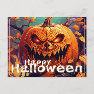 Beängstigender Blick Orange Pumpkin mit Gesichtsau Feiertagspostkarte