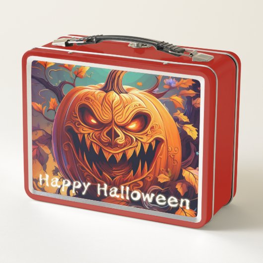 Beängstigender Blick Orange Pumpkin mit Gesichtsau Metall Brotdose (Rückseite)