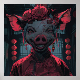 Beängstigender Cartoon mit chinesischem Neujahrslä Poster