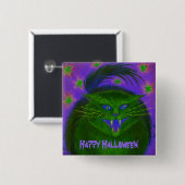 Beängstigender Cat Green 'Happy Halloween' Button (Vorne & Hinten)