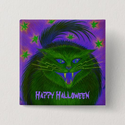 Beängstigender Cat Green 'Happy Halloween' Button (Vorderseite)