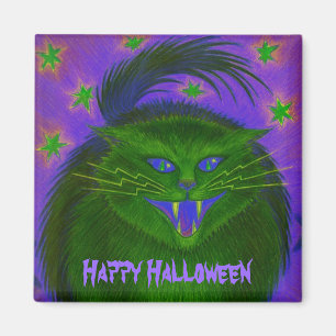 Beängstigender Cat Green "Happy Halloween" Kühlsch Magnet