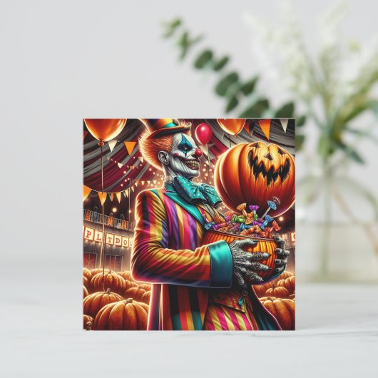 Beängstigender Clown mit Jack O' Lantern Halloween Einladung (Stehend Vorderseite)
