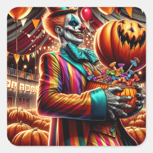 Beängstigender Clown mit Jack O' Lantern Halloween Quadratischer Aufkleber