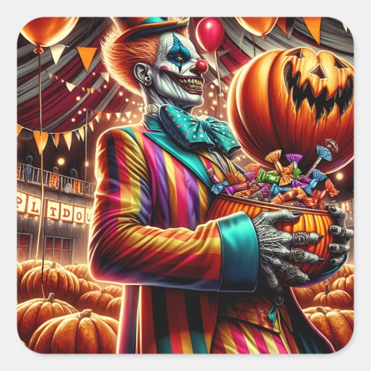 Beängstigender Clown mit Jack O' Lantern Halloween Quadratischer Aufkleber (Vorderseite)