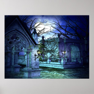 Beängstigender Friedhof mit Graveyard und Gräbern Poster