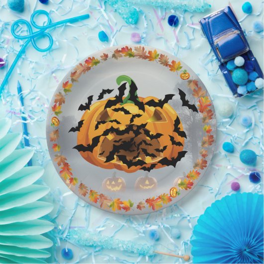Beängstigender Halloween-Kürbis mit Fledermäusen Pappteller (Party)