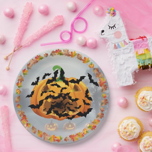 Beängstigender Halloween-Kürbis mit Fledermäusen Pappteller (Party)