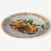 Beängstigender Halloween-Kürbis mit Fledermäusen Pappteller (Schrägansicht)