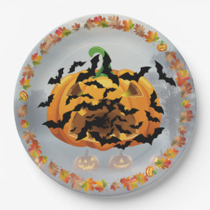 Beängstigender Halloween-Kürbis mit Fledermäusen Pappteller