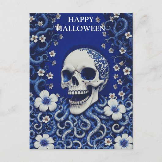 Beängstigender Halloween-Skull mit Blume Postkarte (Vorderseite)