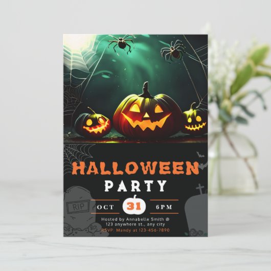 Beängstigender Jack-O' Lantern Full Moon Halloween Einladung (Stehend Vorderseite)