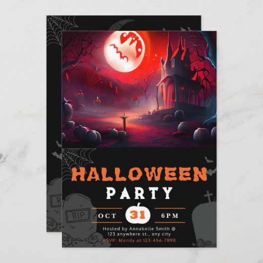 Beängstigender Jack-O' Lantern Full Moon Halloween Einladung (Vorne/Hinten)