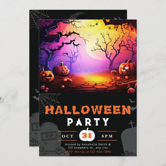 Beängstigender Jack-O' Lantern Full Moon Halloween Einladung (Vorne/Hinten)
