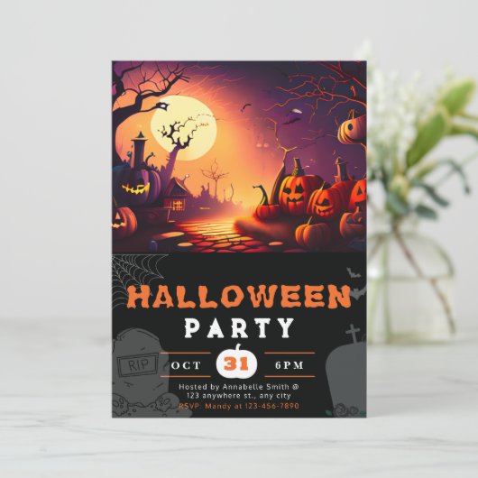 Beängstigender Jack-O' Lantern Full Moon Halloween Einladung (Stehend Vorderseite)