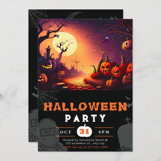 Beängstigender Jack-O' Lantern Full Moon Halloween Einladung (Vorne/Hinten)