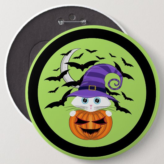 Beängstigender Kürbis mit einem weißen Kätzchen un Button (Vorne & Hinten)