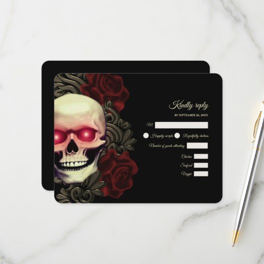 Beängstigender rötlich-blumiger dunkelgotischer Sc RSVP Karte (Vorderseite/Rückseite Beispiel)
