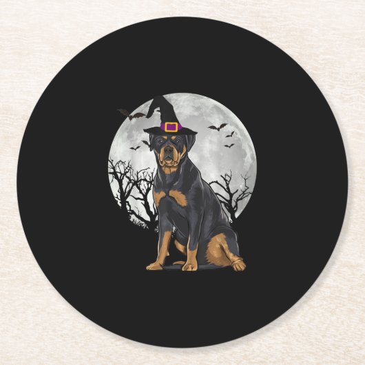 Beängstigender Rottweiler-Hund, Hexenhut Halloween Runder Pappuntersetzer (Vorderseite)