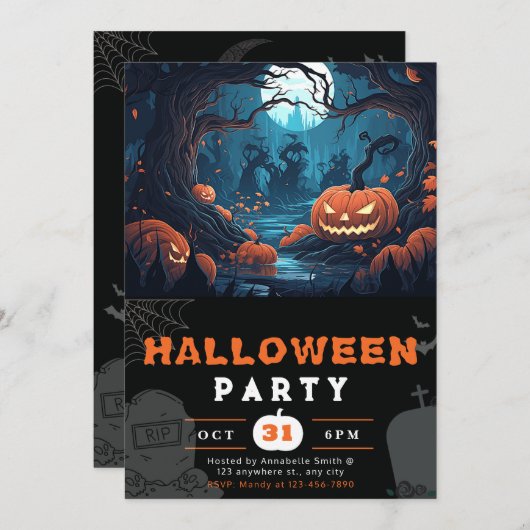 Beängstigender Wald und Jack-O' Lanterns Schwarzes Einladung (Vorne/Hinten)