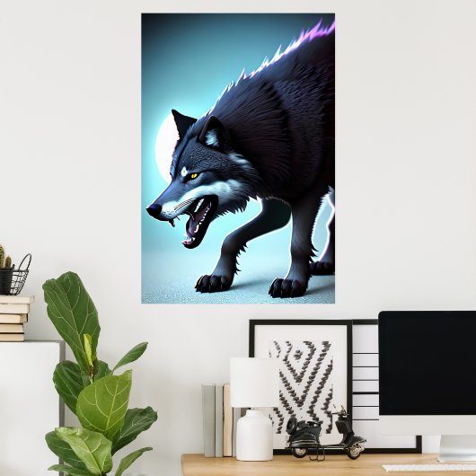 Beängstigender Wolf mit Zähnen | AI Art Poster (Heimbüro)