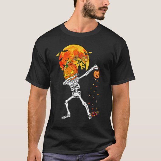 Beängstigendes Dabbing Skeleton Pumpkin Halloween T-Shirt (Vorderseite)
