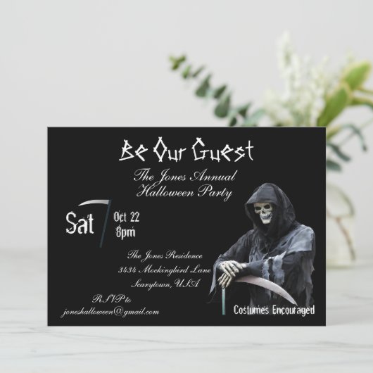 Beängstigendes Grim Sensenmann Death Halloween-Par Einladung (Stehend Vorderseite)