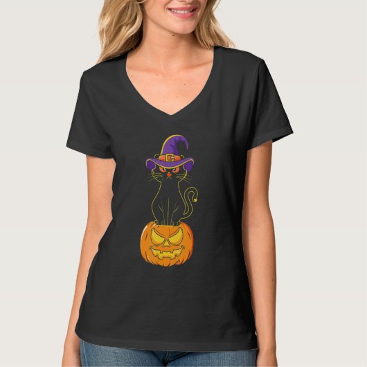 Beängstigendes Halloween Black Cat Kostüm Hexenhut T-Shirt (Vorderseite)