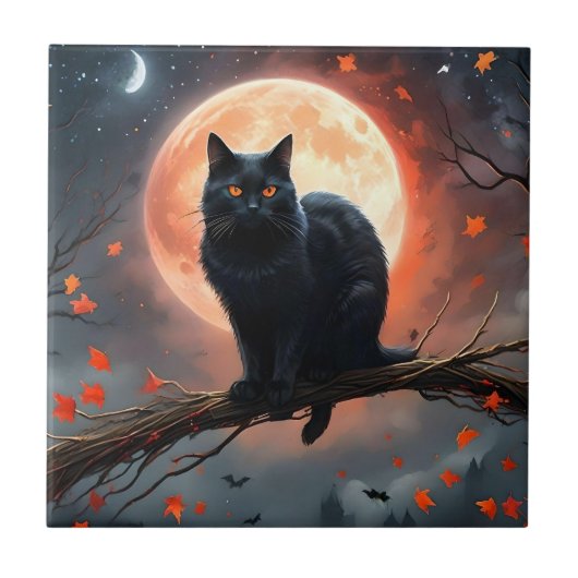Beängstigendes Halloween Black Cat Moonlight, Fliese (Vorderseite)