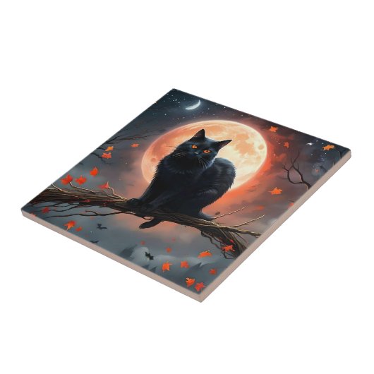 Beängstigendes Halloween Black Cat Moonlight, Fliese (Seite)