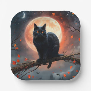 Beängstigendes Halloween Black Cat Moonlight, Pappteller