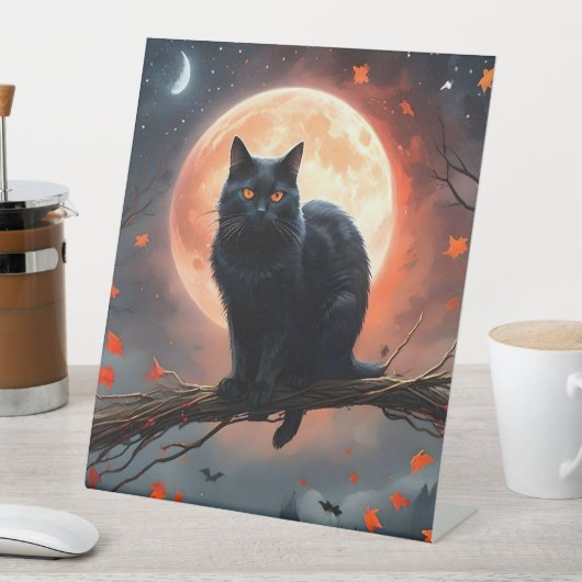 Beängstigendes Halloween Black Cat Moonlight, Sockelschild (In Situ)