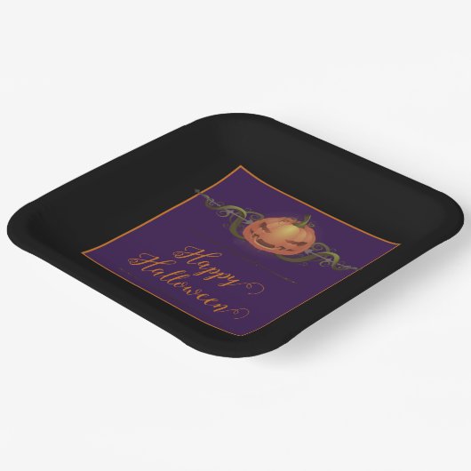 Beängstigendes Jack-o-Lantern Halloween | Schwarz Pappteller (Gewinkelt)