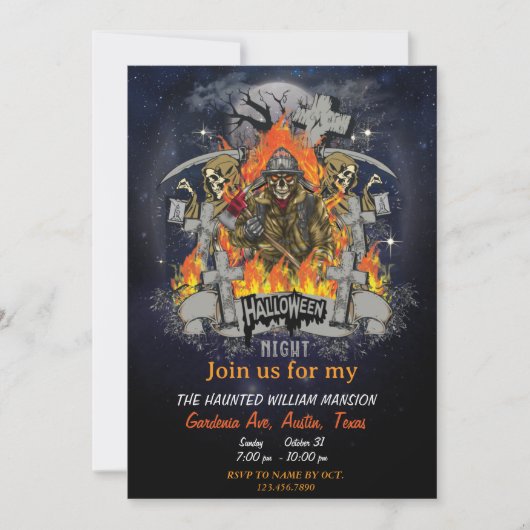 Beängstigendes Skelett im nächtlichen Halloween-Pa Einladung (Vorderseite)