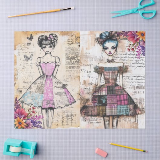 Beängstigendes Vintages Blumenkleid Ephemera Seidenpapier (Basteln)