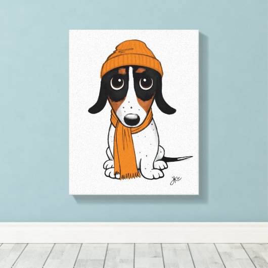 Beanie Dog | Niedliche Dackel Piebald Leinwanddruck (Insitu (Holzboden))